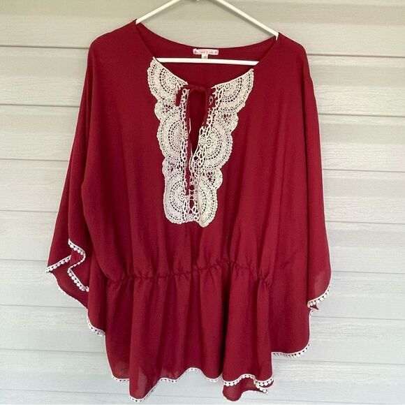 Free 2 Luv Burgundy Blouse Size 3X Crochet Detail Removable Tie Wide Sleeves - Picture 1 of 8
